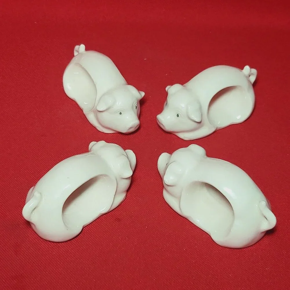 Vintage Napkin Holder Ring Pigs Porcelain White Piggy Napkin Rings Set of 4